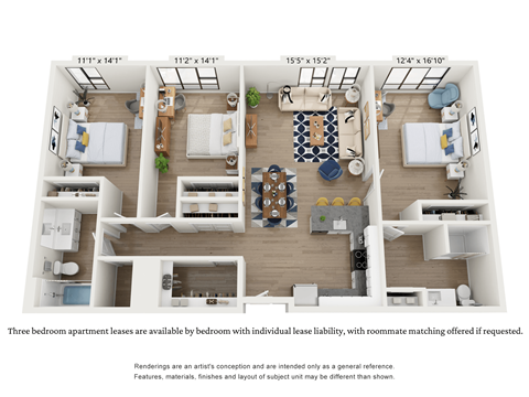 Floor plan for 3 beds, 2 baths, 1483 sqft